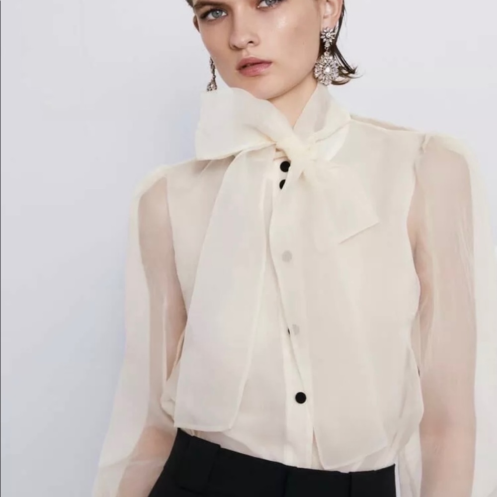 Zara Organza Blouse With Bow Detail Vanilla NWT